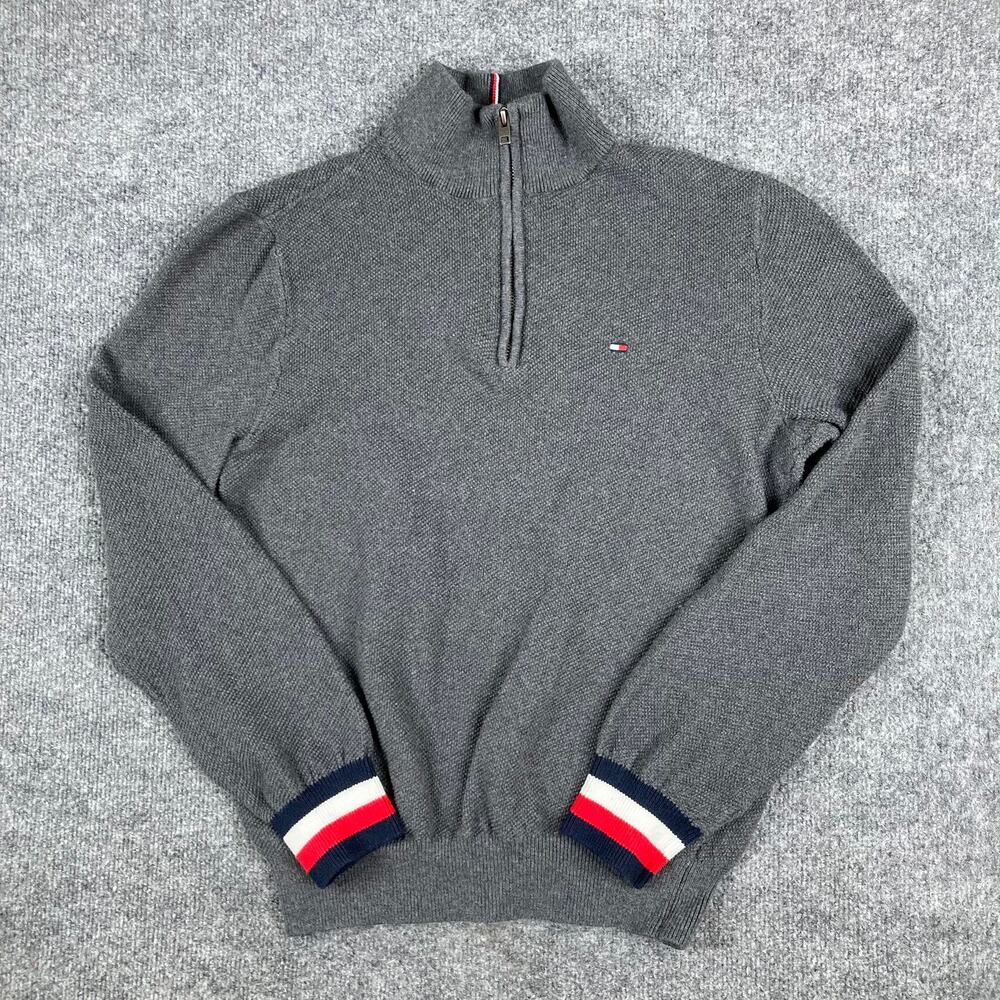 Tommy Hilfiger Sweater Mens Size M Gray Half Zip Pullover Flag Logo Casual